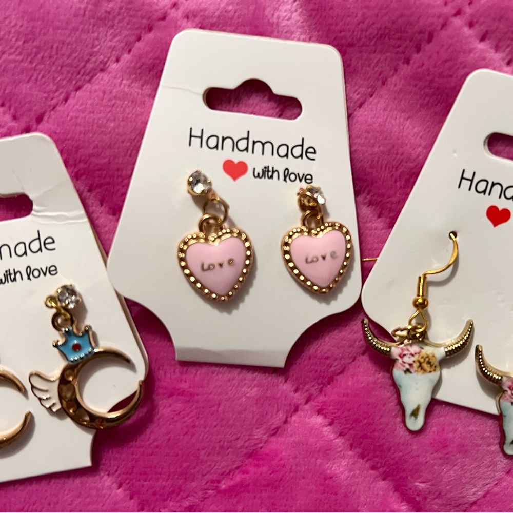 Set of 3 earrings. Hearts, cattle, crescent moon. NWT